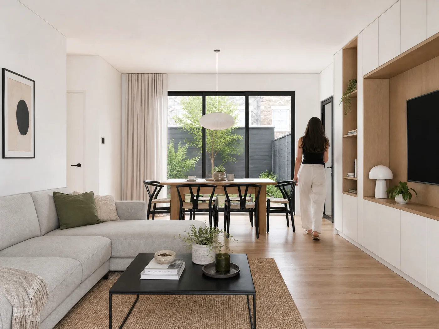 Woonkamer met eethoek, gerenderd met Sherpa: Daglicht