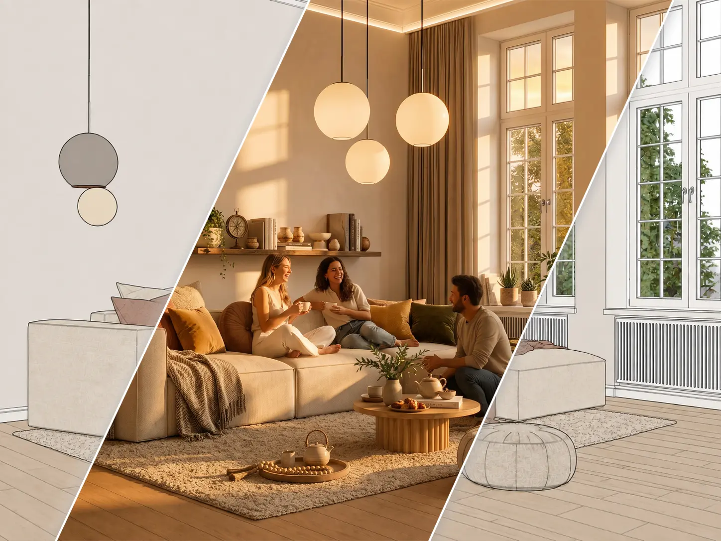 Woonkamer half als SketchUp-lijntekening, half als warme render van Sherpa